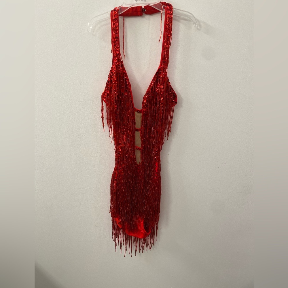 Red full beaded fringe backless costume, custom made. Adult size small 🔥
